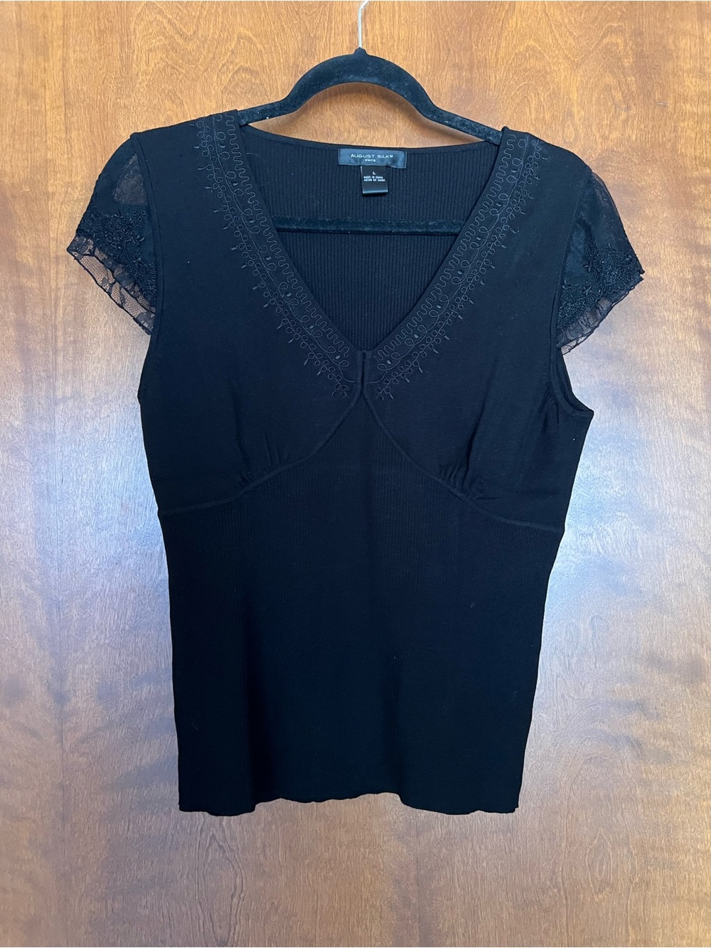 August SilkBlack Lace Trim V-Neck Cap Sleeve Top